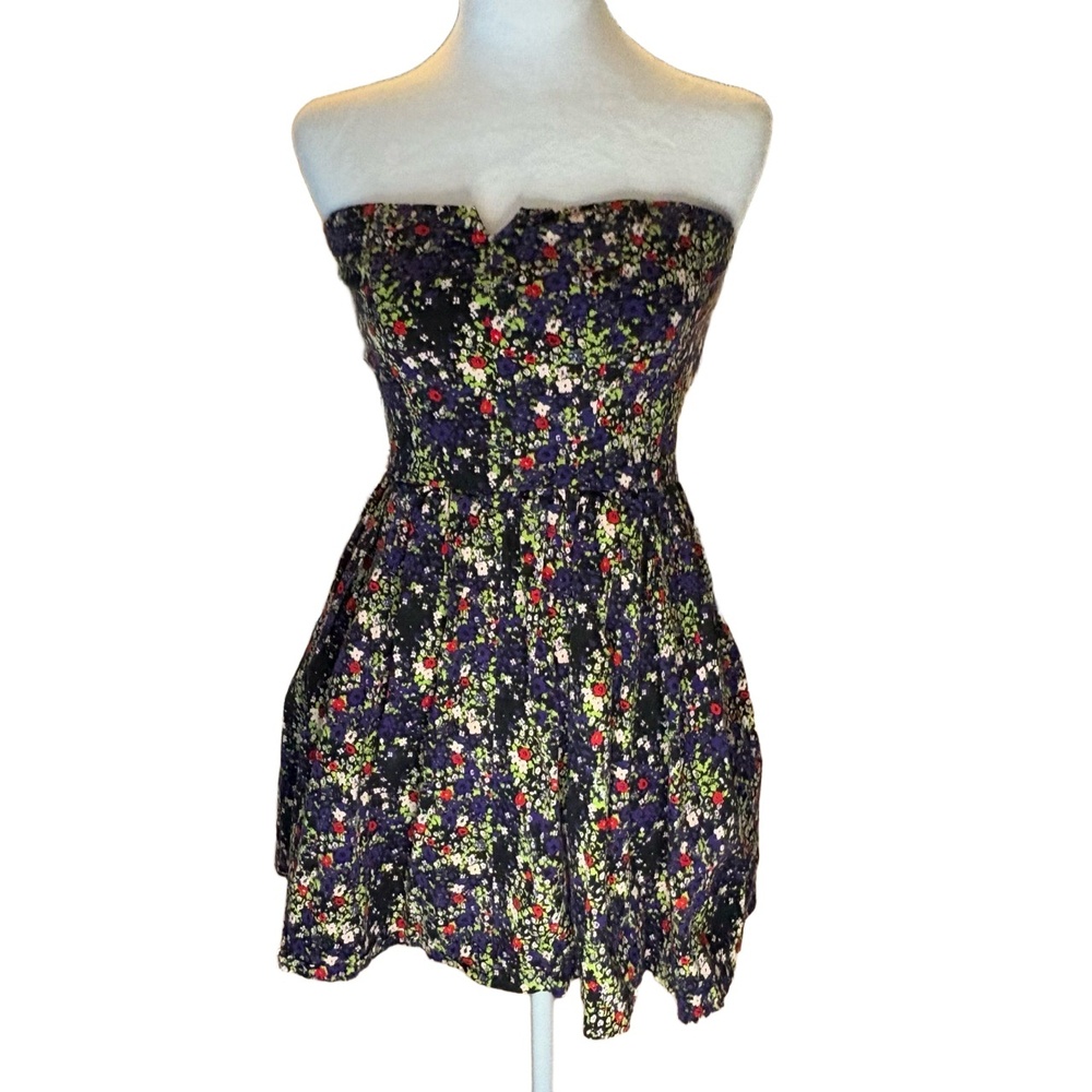 Bebe Mini Dress Women Size Sm Black Multicolor Strapless Floral Y2K Fit Flare
